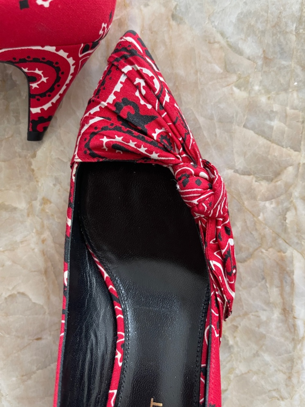 Saint Laurent Red Paisley Pointed Toe Knotted Kitten Heels 👠 - Picture 8 of 8